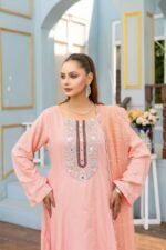 3-Pcs Tea Pink Cotton Silk Suit - Image 3
