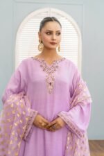 3-Pcs Lilac Hand Embroidered Raw Silk Suit - Image 3