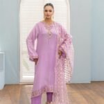 3-Pcs Lilac Hand Embroidered Raw Silk Suit