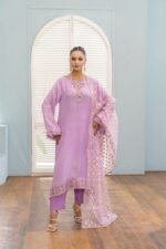 3-Pcs Lilac Hand Embroidered Raw Silk Suit