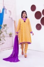 3-Pcs Yellow Paste Printed Kattan Silk Suit - Image 2