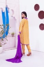 3-Pcs Yellow Paste Printed Kattan Silk Suit - Image 4
