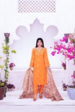 3-Pcs Tangerine  Handwork Kattan Silk Suit - Image 4