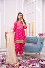 3-Pcs Stitched Gold Printed Kattan Silk Suit