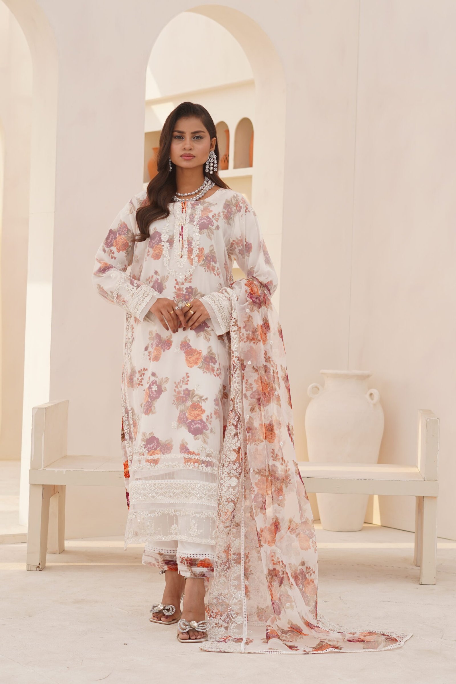 UAP07060 3-Pcs Elegant White Hand-Embroidered Organza Suit - Image 1