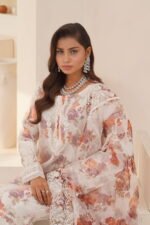 3-Pcs Elegant White Hand-Embroidered Organza Suit - Image 2