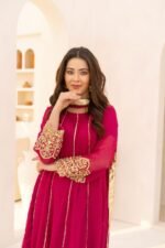 3 Pcs Magenta Hand Work Chiffon Shalwar Kameez - Image 2