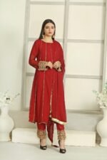 3 Pcs Red Hand Work Chiffon Shalwar Kameez - Image 2