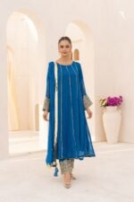 3 Pcs Blue Hand Work Chiffon Shalwar Kameez