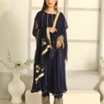 3 Pcs Navy Blue Hand Work Chiffon Shalwar Kameez