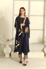 3 Pcs Navy Blue Hand Work Chiffon Shalwar Kameez