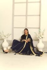 3 Pcs Navy Blue Hand Work Chiffon Shalwar Kameez - Image 4