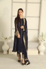 3 Pcs Navy Blue Hand Work Chiffon Shalwar Kameez - Image 3