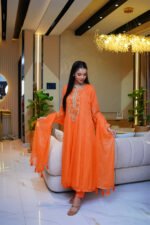 3-Pcs Orange Hand-Embroidered Chiffon Anarkali - Image 5