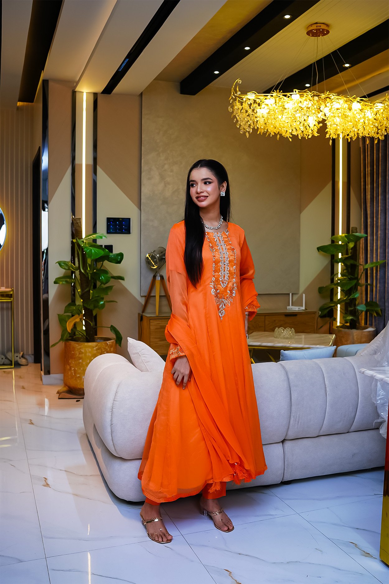 DSC00742 3-Pcs Orange Hand-Embroidered Chiffon Anarkali - Image 1