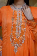 3-Pcs Orange Hand-Embroidered Chiffon Anarkali - Image 3