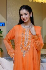 3-Pcs Orange Hand-Embroidered Chiffon Anarkali - Image 2