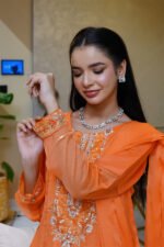 3-Pcs Orange Hand-Embroidered Chiffon Anarkali - Image 4