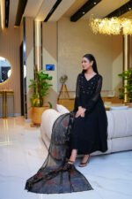 3-Pcs Black Sequin Motif Georgette Chiffon