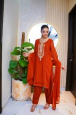 3-Pcs Rust Hand-Embroidered Chiffon - Image 8