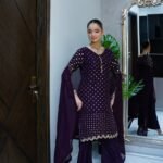 3 pcs purple foil print chiffon suit